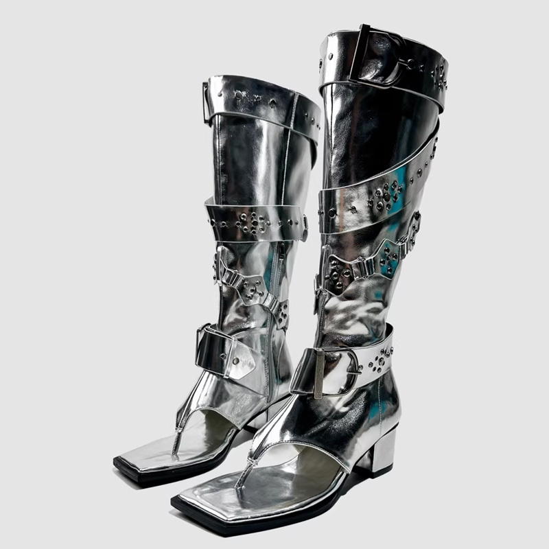 Leather Classic Strap - Punk Belt Buckle High Heels Sandals
